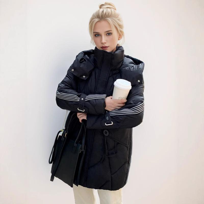 Down cotton-padded clothes women's medium and long models, new models, fashionable loose and thickened hooded cotton-padded clothes, cotton-padded