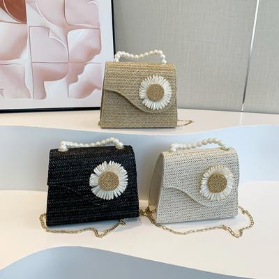 Grass-woven Pearl Hand-held One-shoulder Crossbody Bag Popular Small Bag High-value Summer New Beach Square Bag