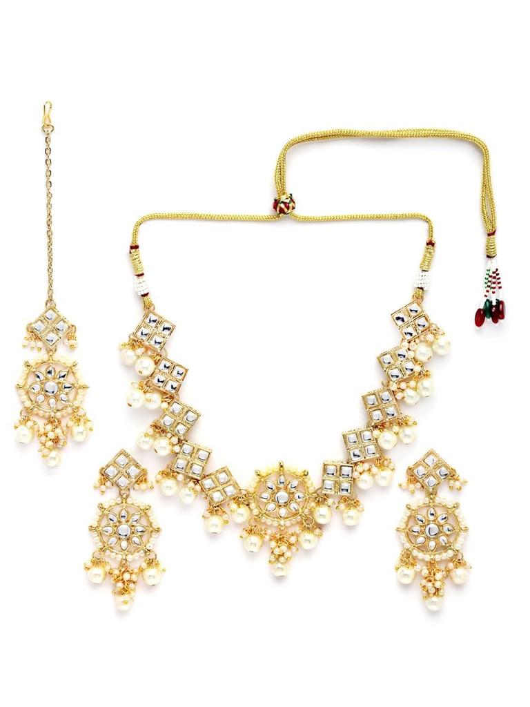 Gold Plated Square Shape Pearl Choker Necklace Set, Metal, Kundan