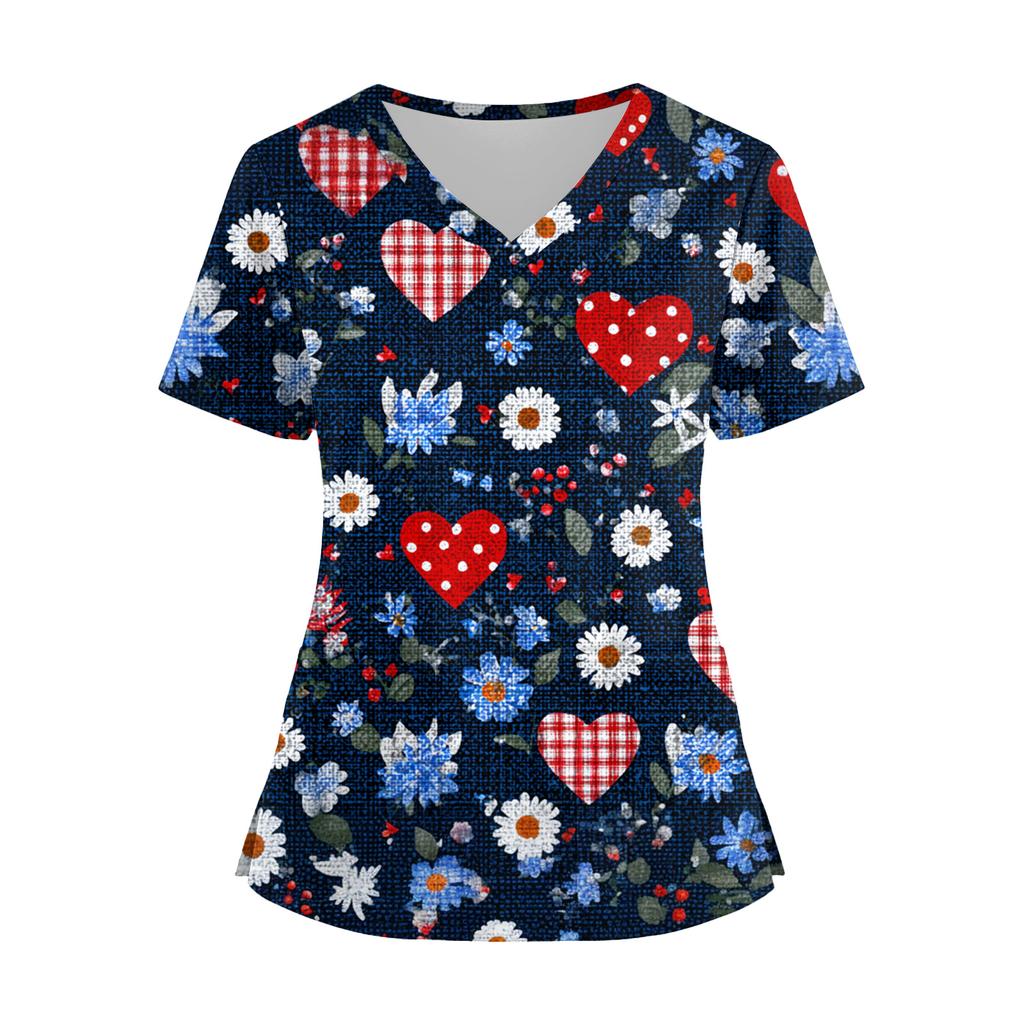 Damenmode V-Ausschnitt Kurzarm Overalls mit Taschen Print Tops Kleidung