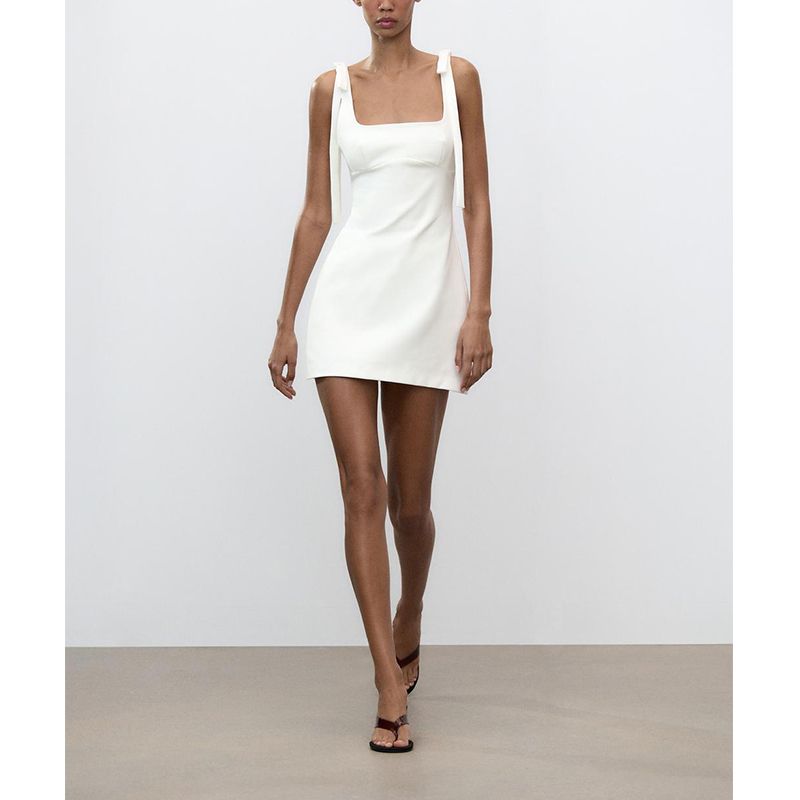 Spring and Summer New Women's Clothing Shoulder Strap Design Square Collar Sleeveless Bowknot Decoration Stretch Short Dress 3067370