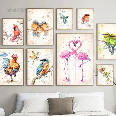 Aquarell Abstrakte Kunst Vögel Flamingo Hahn Blumen Schmetterling Leinwandmalerei Poster und Drucke für Heimdekor Wandbild
