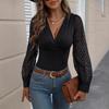 2026 Spring new women's chiffon splicing solid color dark v long-sleeved top
