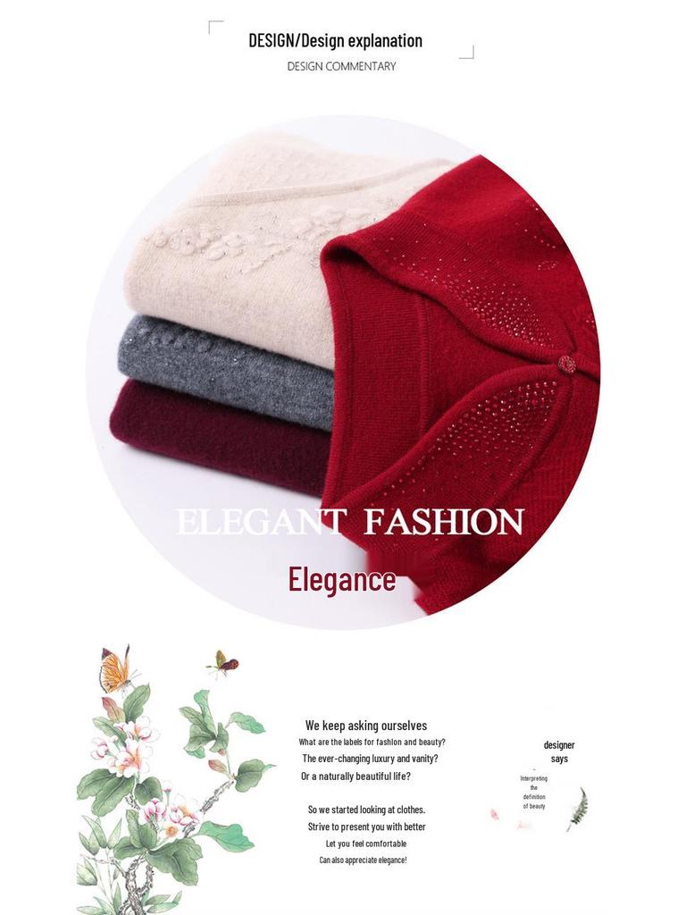 100% Pure Wool Embroidered Qipao Collar Sweater - Red, Age-Defying Knit Base Layer for Women