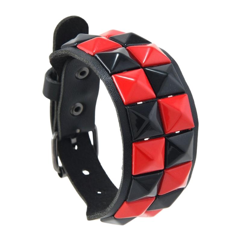 Studded Cuff Bracelet Double Row Square Studs Adjustable Closure PU Strap Punk Wrist Bangle for Concert Streetwear