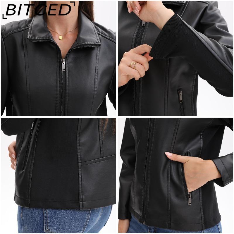 BITCED Fashion Women's Leather Jacket, Short Leather Jacket, Knitted Patchwork Stretch Coat