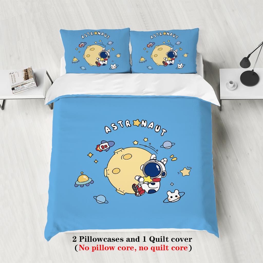 3-piece down duvet cover with blue cartoon astronaut pattern print (1 duvet cover+2 pillowcases, no core) bedding set