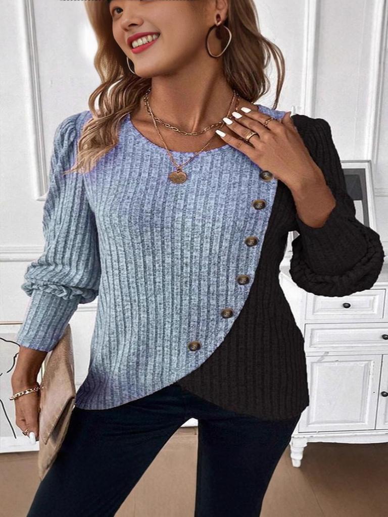 New Style Round Neck Color Block Hole Knit Long Sleeve T-Shirt for Spring and Autumn