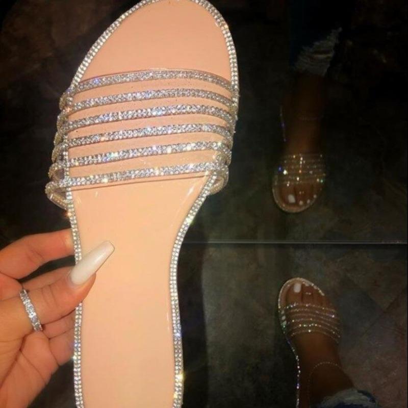 20 new flat-bottomed casual open-toed cool slippers women's fashion wear rhinestone women's slippers women's shoes