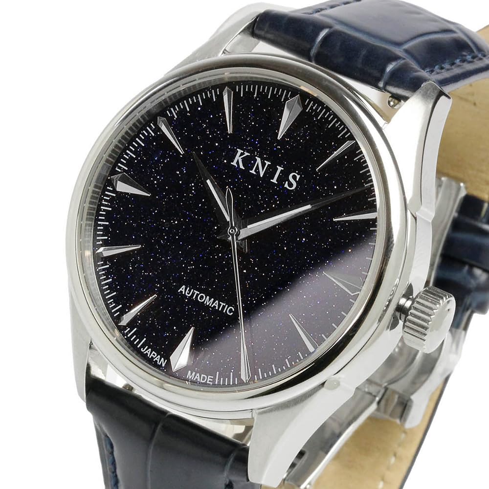 KNIS lak Avanturín Made in Japan Automatické hodinky Safírové sklo Kožený řemínek 10 ATM Voděodolný mechanický Modrá Stříbrná Modrá Kožená Pánské