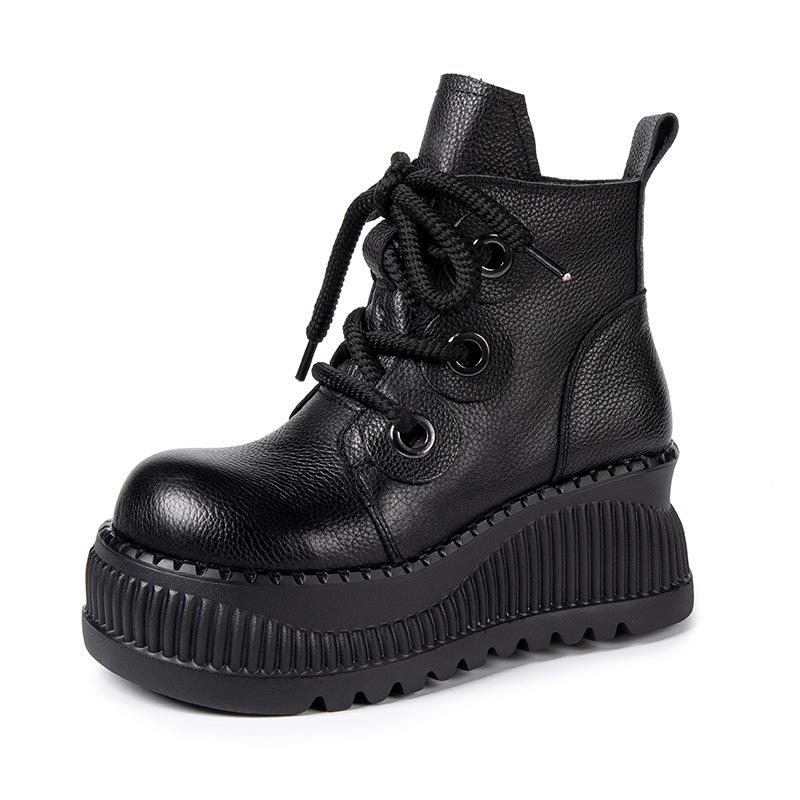 Women's Genuine Leather Retro Platform Ankle Boots - Lightweight, Soft, High-Top (2025 Autumn/Winter Collection)