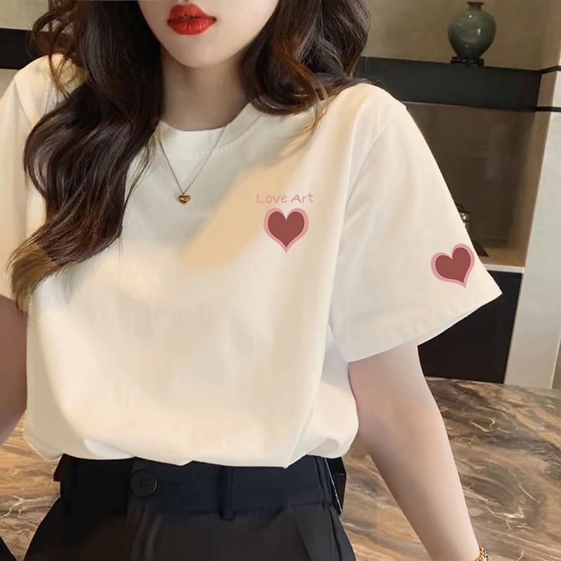 Pure Cotton Love Round Neck Short-sleeved T-shirt Women's Clothing Summer 2025 New Milk Apricot Loose and Thin Half-sleeved Top