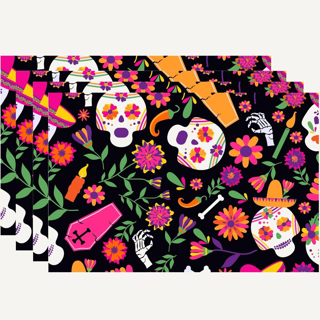 4PC Table Mat Mexican Style Colorful Skull Placemats Day Of The Dead Decoration And Supplies For Home Halloween Decor