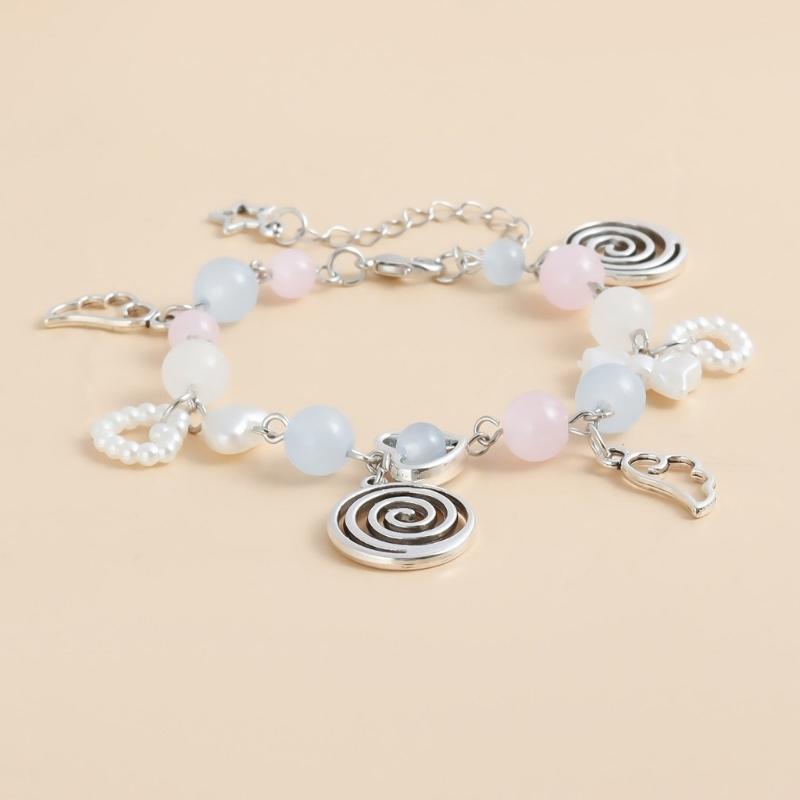 Handcrafted Beaded Bracelet with Heart Star Wing Pendant Wristband Pearls Bowknot Bracelet Adjustable Chain Jewelry Gift