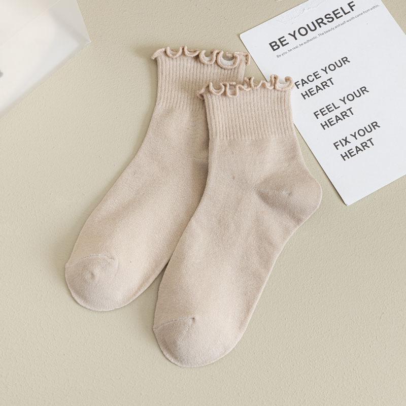 5/10 Pairs Comfortable Casual and Versatile Women's Mid Calf Socks for Spring and Summer Solid Color Lace Trimmed Socks Breathable Cotton Socks