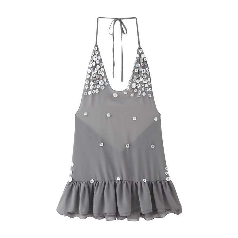 2025 New Summer Women s Fashion Halter Neck Backless Waist-Cinching Dress Aa77-9087 Gray S