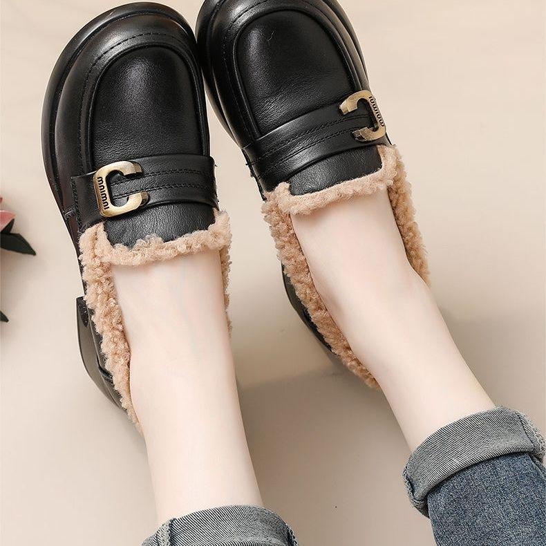 Women's Black Waterproof Non-Slip Thick Sole Velvet-Lined Casual Loafers