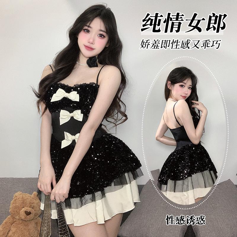

Sexy underwear Sexy black bow suspender tube top women s clothing Spice girl high waist puffy skirt Skinny A-shaped skirt One size