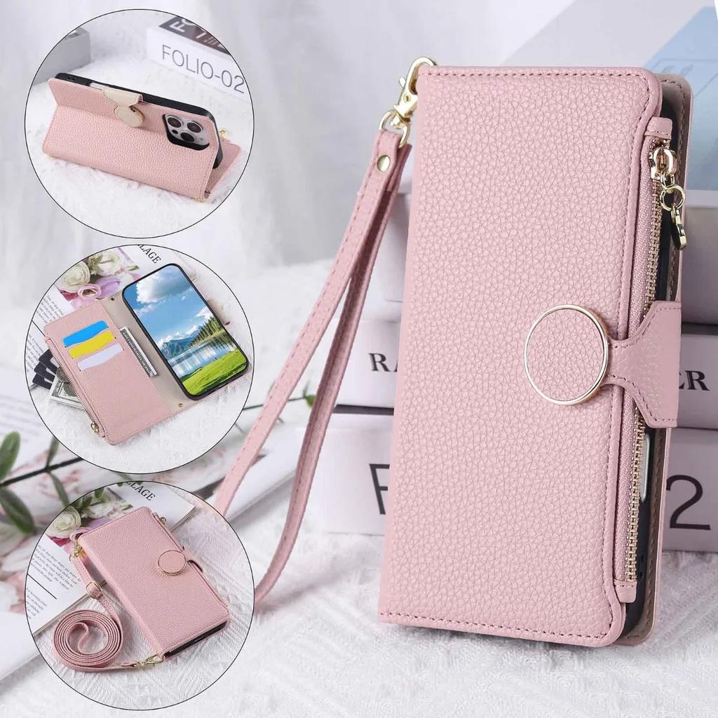 Custodia per Telefono a Tracolla con Laccetto e Zip per Donna per Samsung Galaxy Z Fold 7 6 5 4 Fold7 Fold6 Portafoglio Porta Carte Copertura in Pelle