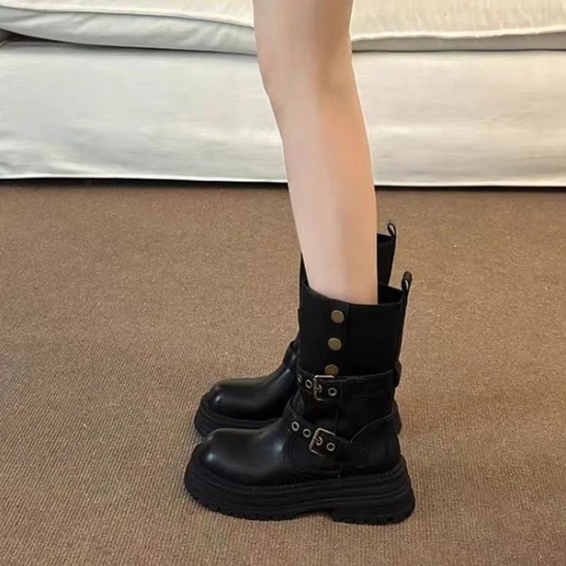 

Модные женские ботинки на платформе до середины икры, замшевые женские туфли, тренд 2025, новые массивные женские ботинки, зимние гладиаторские туфли-лодочки, зимние сапоги Mujer 35 чёрный