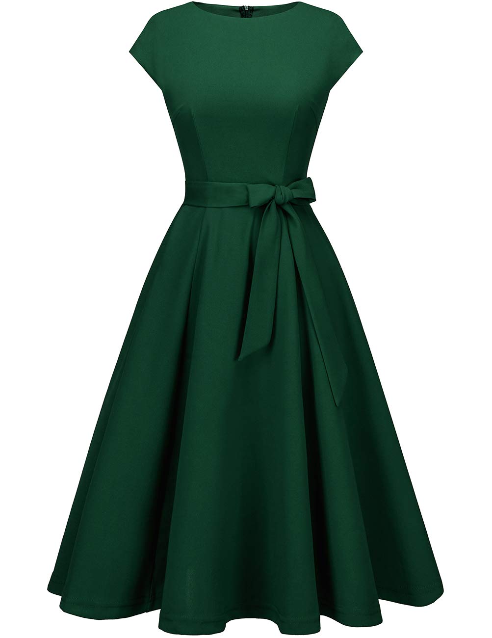 

Women s Midi-Length A-Line Dress with Belt, Perfect for Party Wear, Summer, or Commuting, Solid Dark Green, Size XS