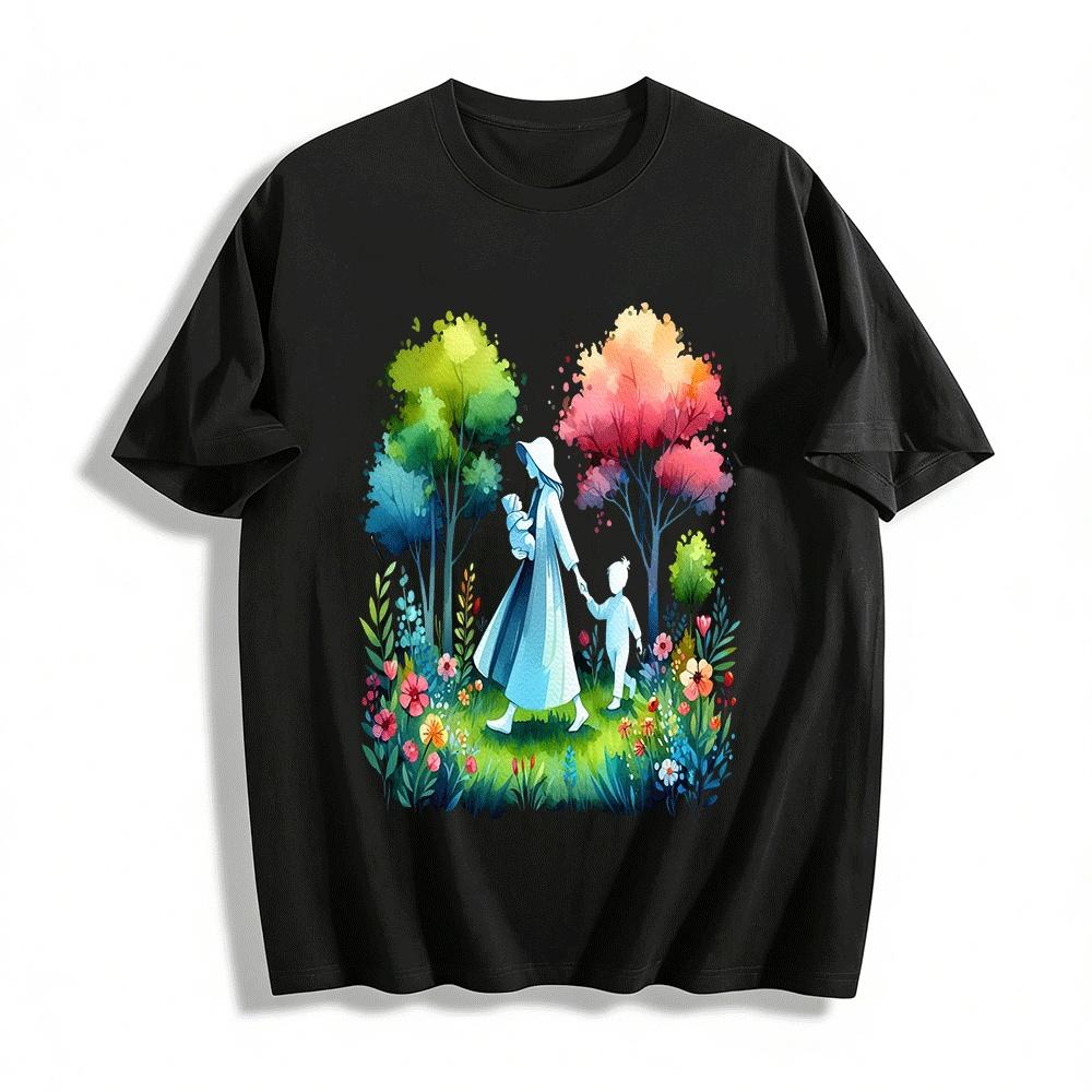 Watercolor Mom Kids Walking Print Casual Top Pure cotton T-shirt XXS