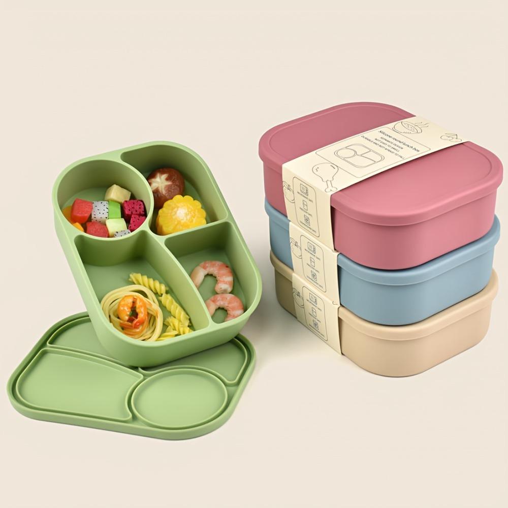 Rectangular Silicone 4 Grid Lunch Box Heat Resistant Leak Proof Food Box Microwavable With Compartments Picnic Box Student