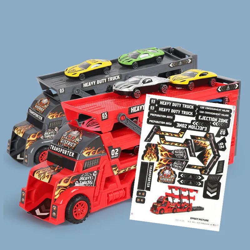 Children's Folding Transport Truck Car Model Set Vehicles Trailer Three-Layer Ejection Railcar Boy's Catapult Rail Toys Boys