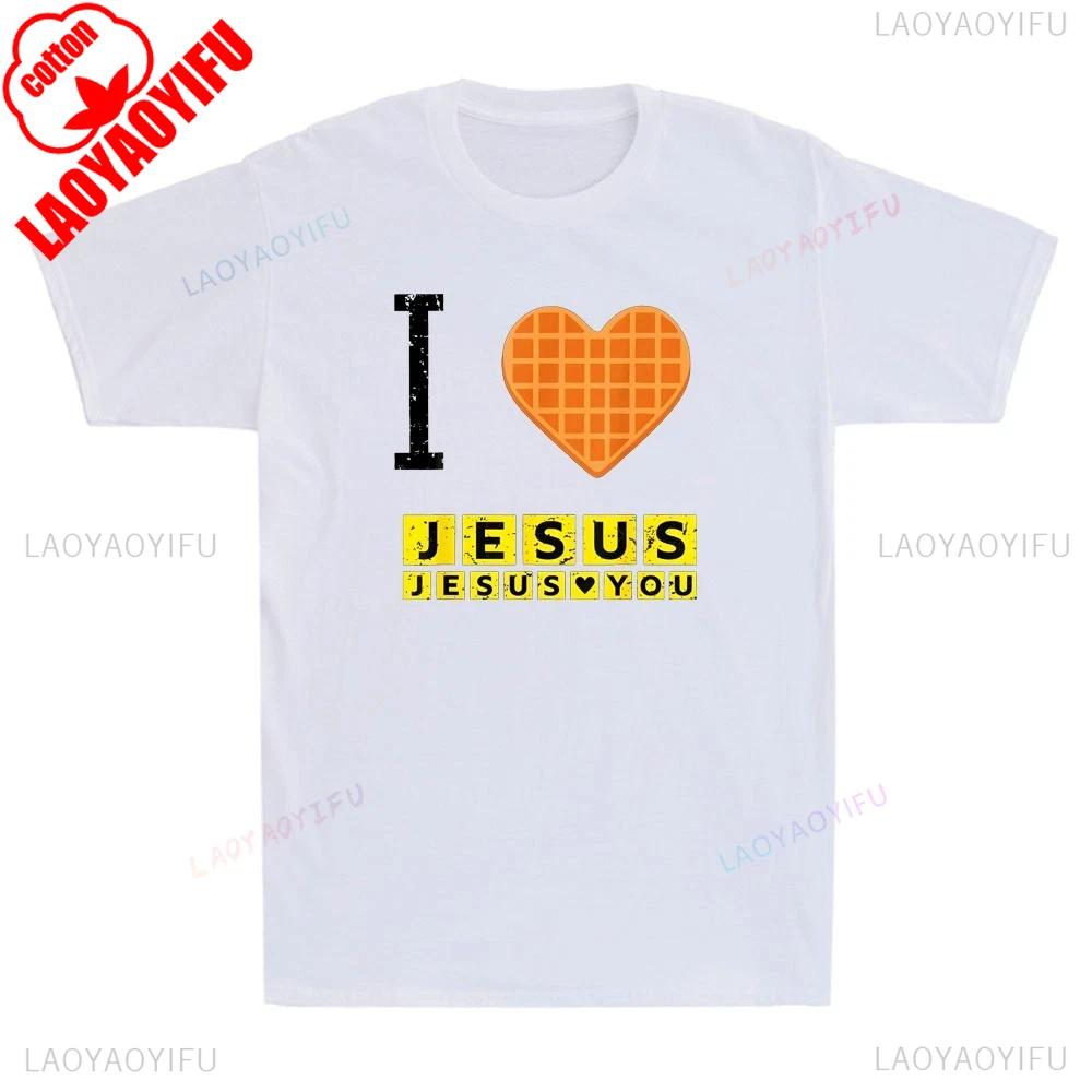 I Love Jesus Waffle Heart Creative Printed Tshirt Funny Christian Breakfast Mens Short Sleeve Daily Life Casual Cotton TShirt S