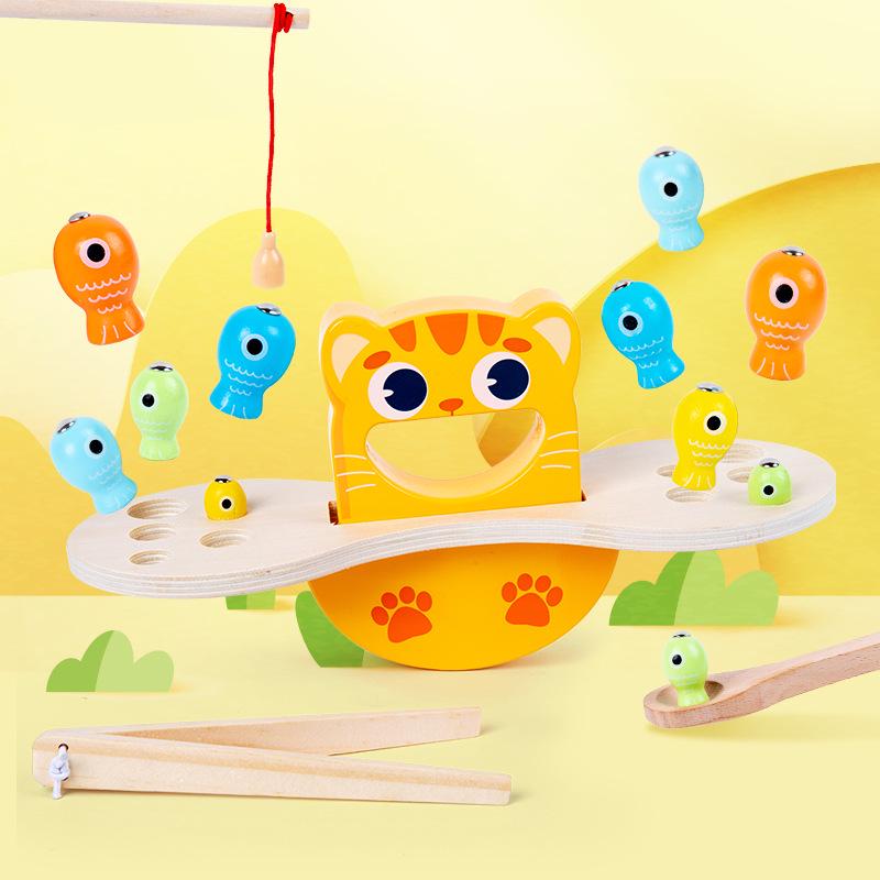 

Деревянная игра «Котенок рыбачит» и балансировочные блоки: Развивающие игрушки для малышей