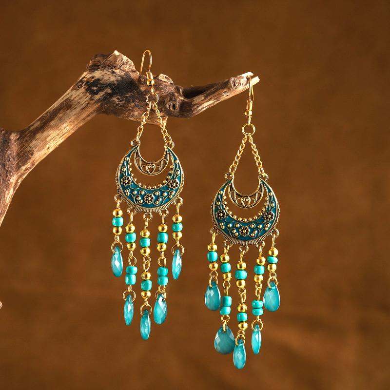 Bohemian Ethnisch Lang Blau Acryl Kristall Wassertropfen Ohrringe für Damen Retro Temperament Geometrisch Hängende Ohrringe Schmuck