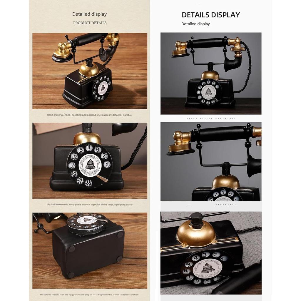 Resin Vintage Rotary Decorative Telephone for Home Living Room, Black and Gold, Decorative Desk Phone