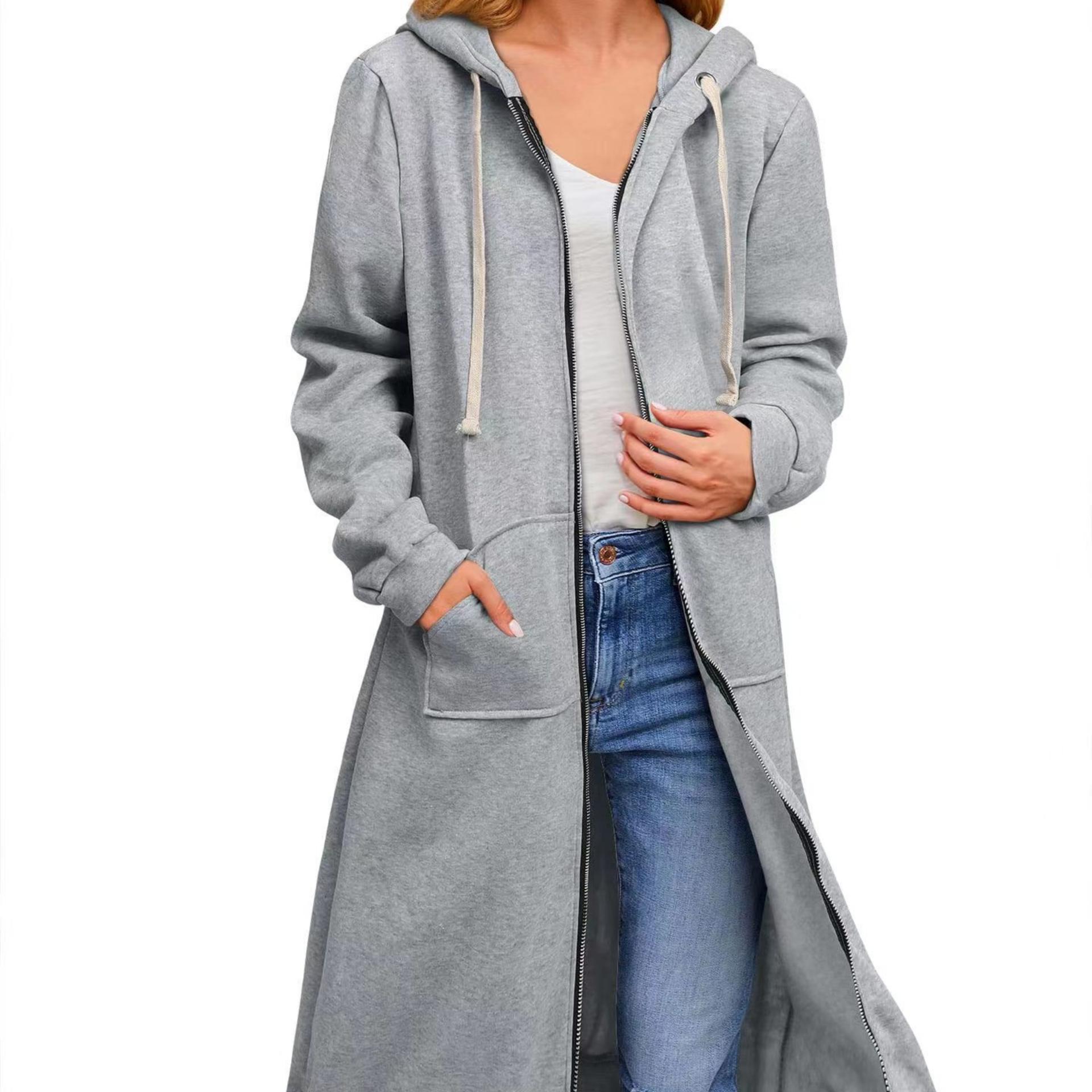 

Осенне-зимнее женское свободное длинное пальто-кардиган на молнии L серый