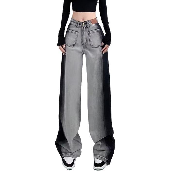 Women's High-Waist Black & Gray Wide-Leg Jeans - Personalized Summer Casual, Slimming, All-Match, Floor-Length Design.