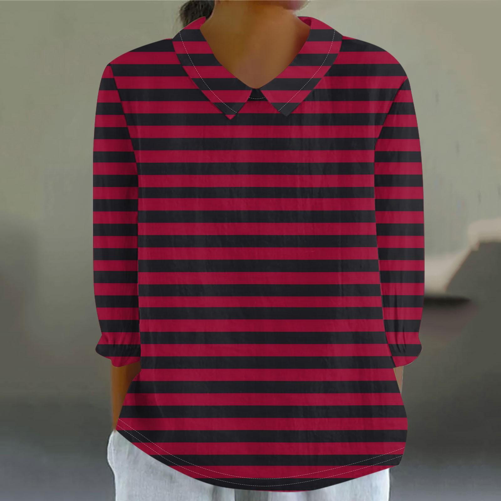 

Жіноча модна вільна сорочка з принтом у смужку з коміром із сімома рукавами для ляльок, повсякденна сорочка на ґудзиках XXXXXL винний