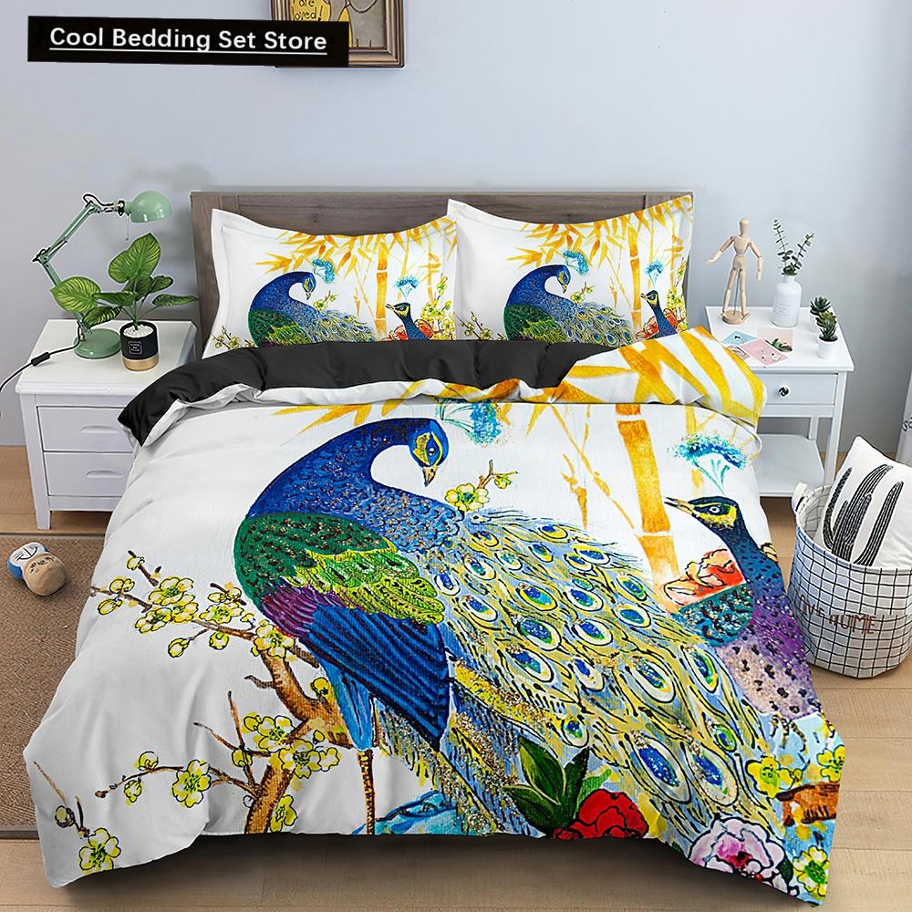 Pfau Bettbezug King Queen Größe Kolibri Libelle Bettwäscheset Blumen Vögel Bettdeckenbezug Floral Tiere Bettdeckenbezug