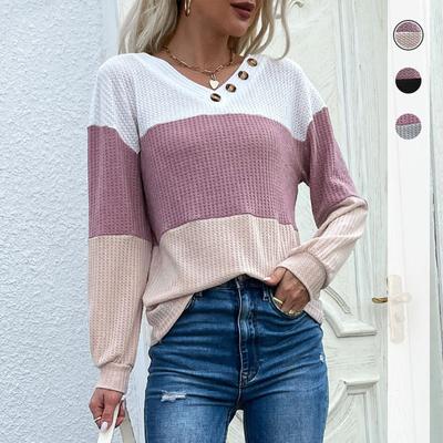 Oberteile Hemden Kleidung Modisch und Lässig Temperament Frühling und Herbst Damen Unterteil Langarm Pullover Colorblocking V-Ausschnitt Strickpullover