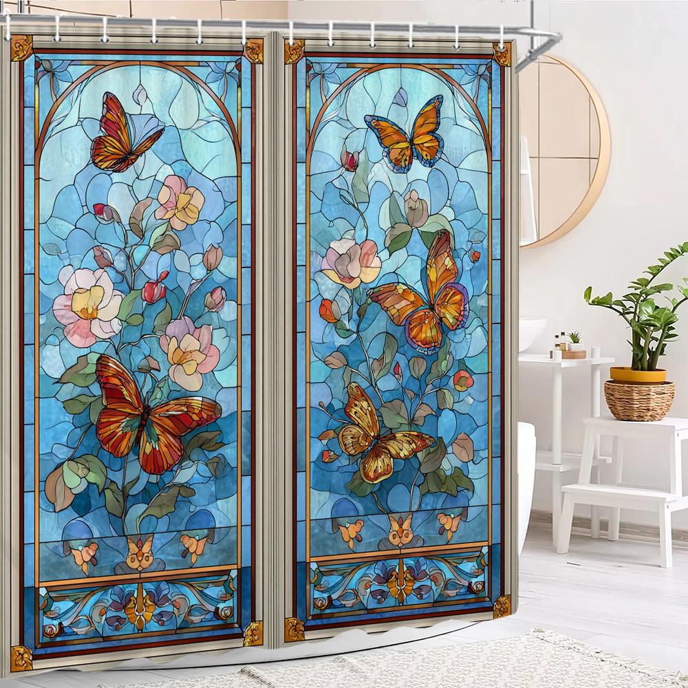 Nordic Butterfly Screen Pattern Shower Curtain,Flowers Shower Curtain,Printed Polyester Fabric Bathroom Decoration Curtain