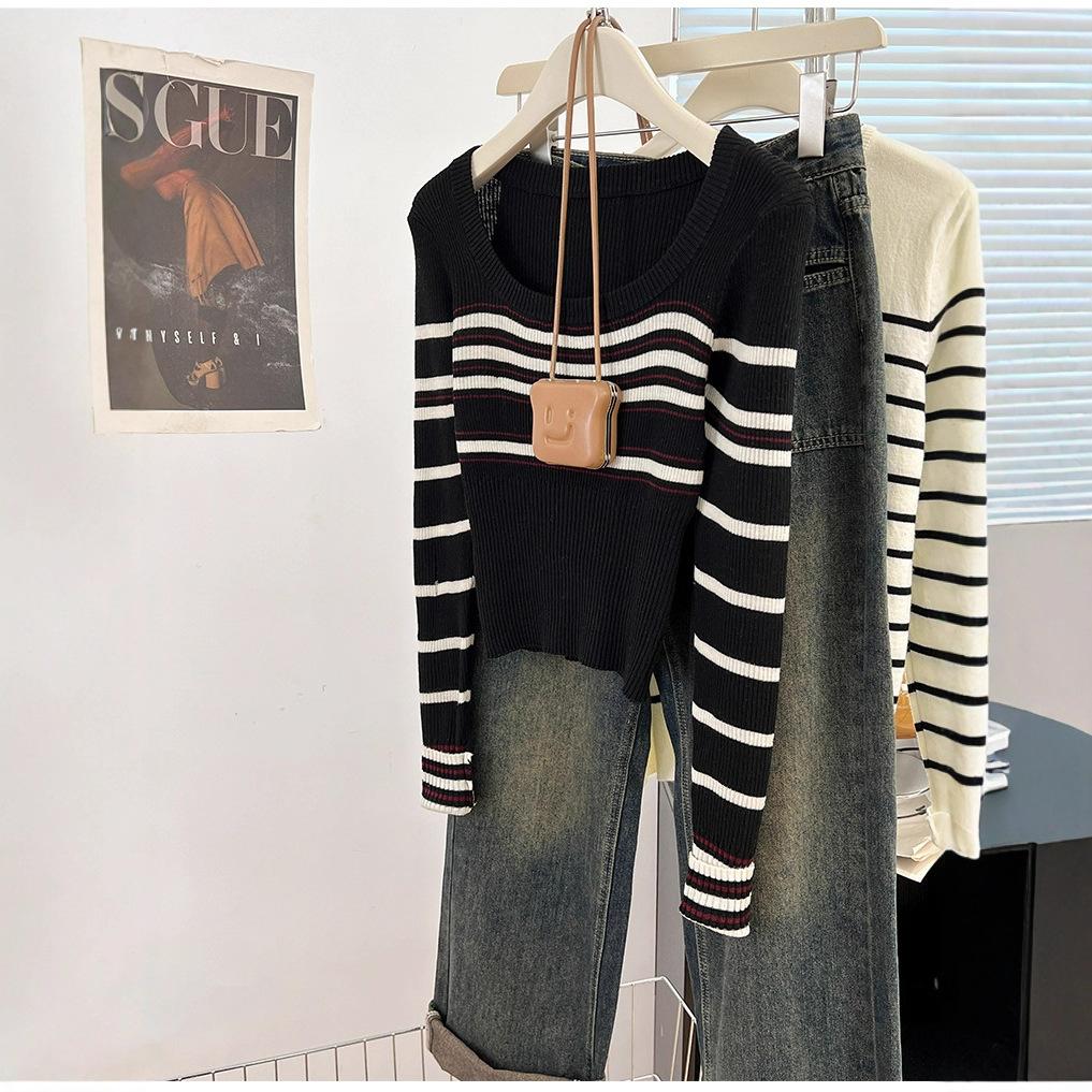 Core-spun yarn washing water, striped square neck front shoulder long-sleeved knitted sweater women's short autumn and winter thin sweater