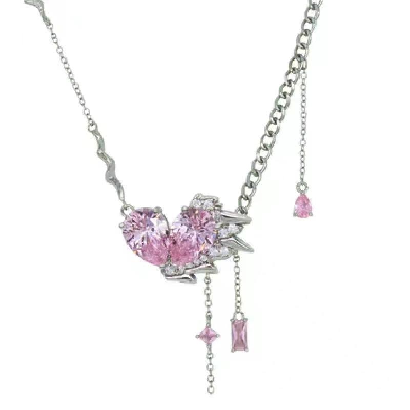 Diamond love powder crystal pendant women s necklace design sweet cool ins pendant collarbone chain Spice girl accessories women