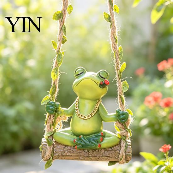 Small Hanging Figurine for Trees Swing Frog Garden Statue, Resin Meditating Ornament, Waterproof Outdoor Cute Decor Yard, Patio, Balcony, Porch,