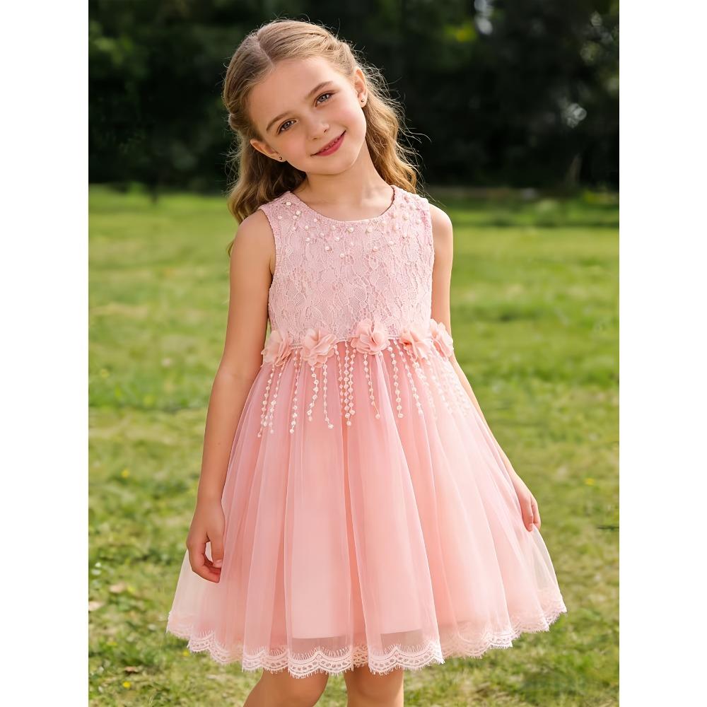 Girls' White Lace Mesh Princess Dress Sleeveless Round Neck Beaded Flower Girl Skirt Children's Wedding Bridesmaid Birthday Party Performance Dress