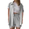 Women's Casual And Fashionable Solid Color Lapel Short Sleeved Shirt Top, High Waisted Drawstring Shorts Set