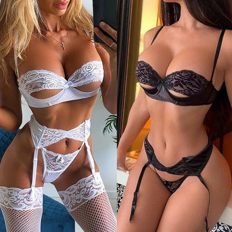 Fashion Lace Sexy Erotic Lingerie Women Fun Lingerie 3Pcs Bra Thongs Stockings Underwear Set Hollow Out See-Through Bandage Set