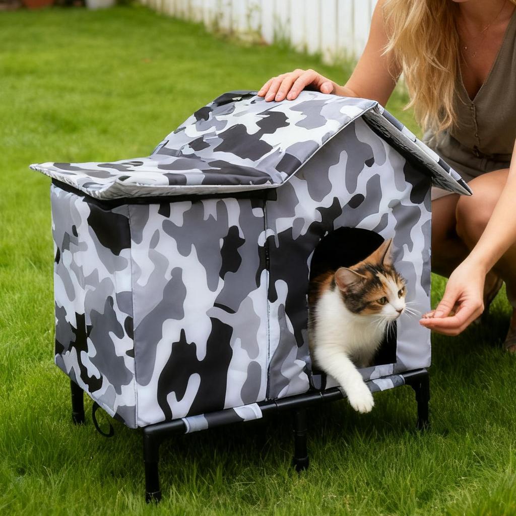 Outdoor Cat House Windproof Enclosed Cave Outside Over-Ground Pet Cat Shelter for Patio Backyard Garden Park Residential Area