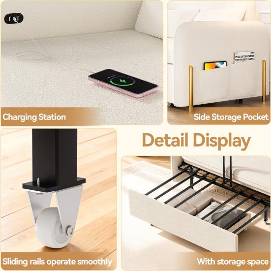 Convertible Sleeper Sofa 3-In-1 Bed, Boucle Loveseat with Put Out Bed And Drawer, Couch Love Seat Side Pockets, 2 Pillows, USB Ports Gold Metal Legs,
