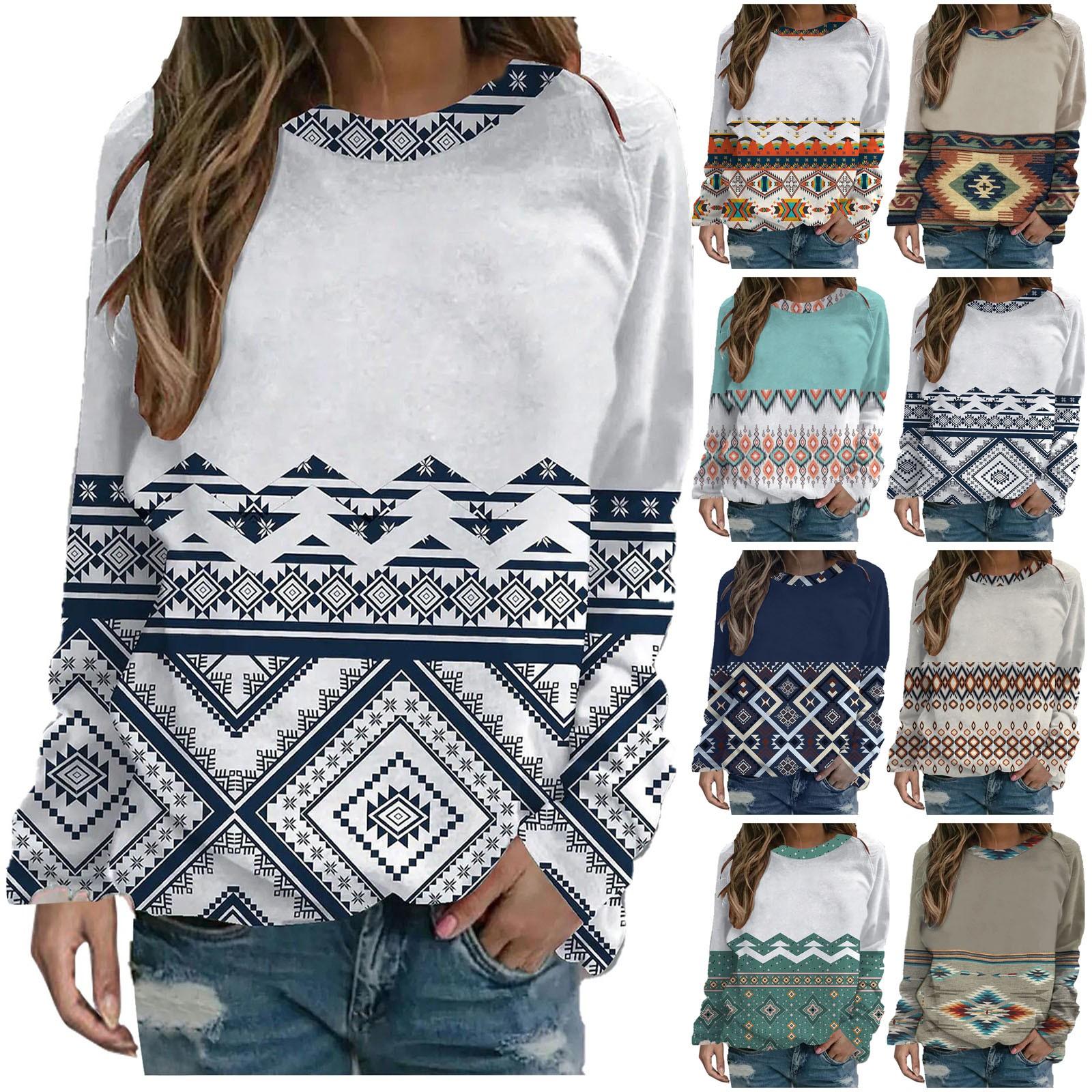 

Женская повседневная модная темпераментная блузка с длинным рукавом и винтажным принтом с круглым вырезом