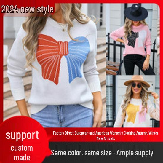 Pull tendance hiver 2026 pour femmes européennes et américaines avec nœud - Col rond, Tricot à manches longues