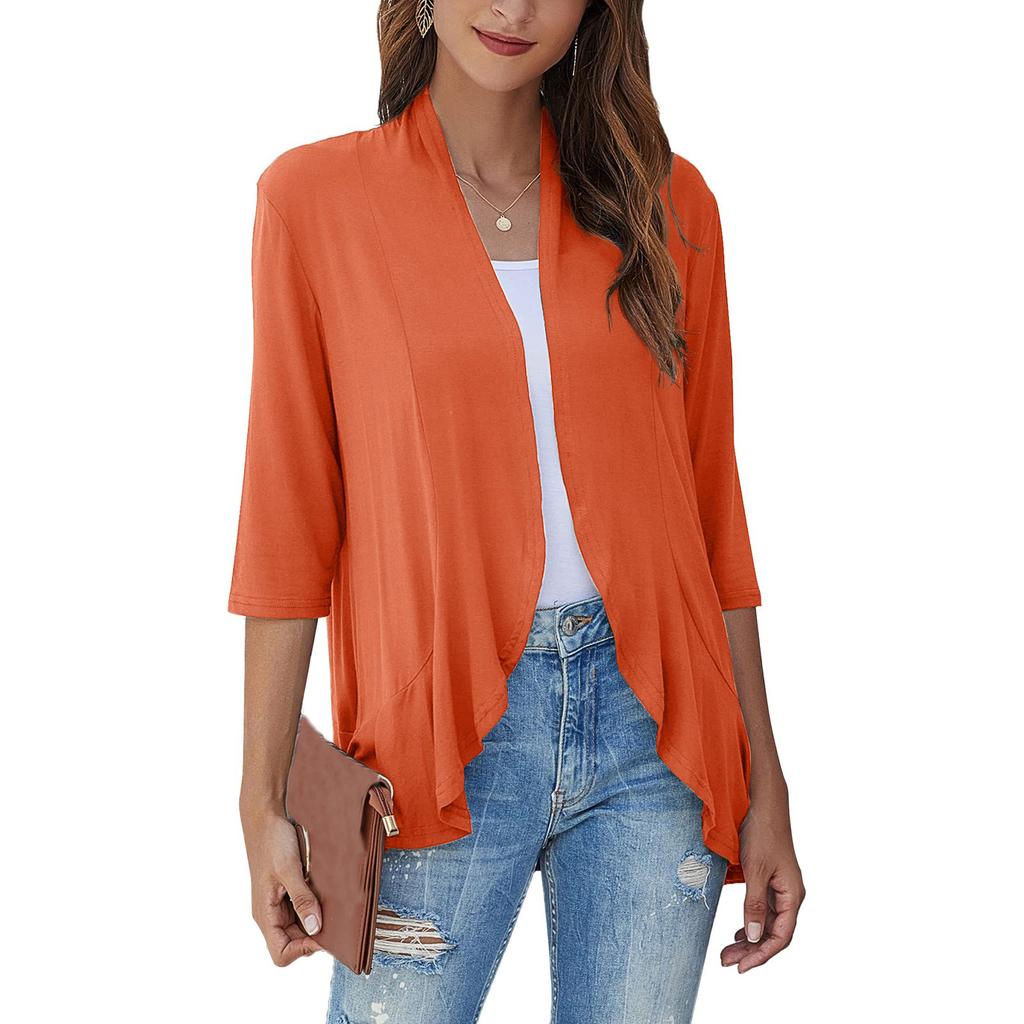 Women's Fashion Casual Seven Minute Sleeve Color Ruffle Cardigan Top
