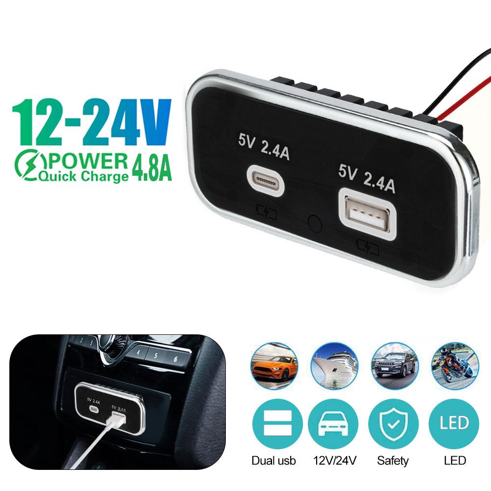 12/24V Car Charger PD Type-C 2.1A 1A Dual USB Socket for Motorcycle Auto Truck ATV Boat RV Bus Power Adapter Outlet